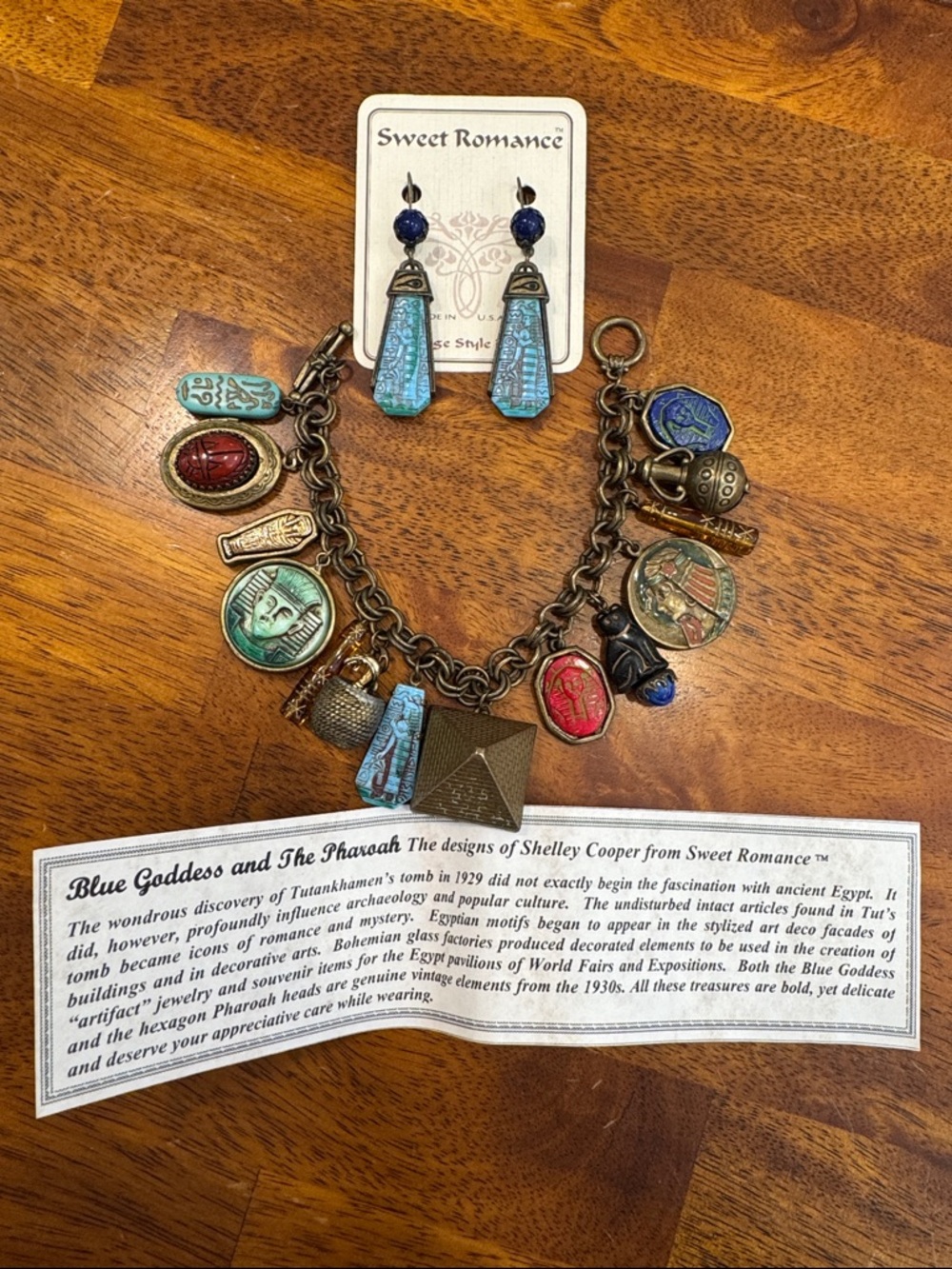 RARE Sweet Romance Vintage Egyptian Charm Bracelet with Dangle Earrings